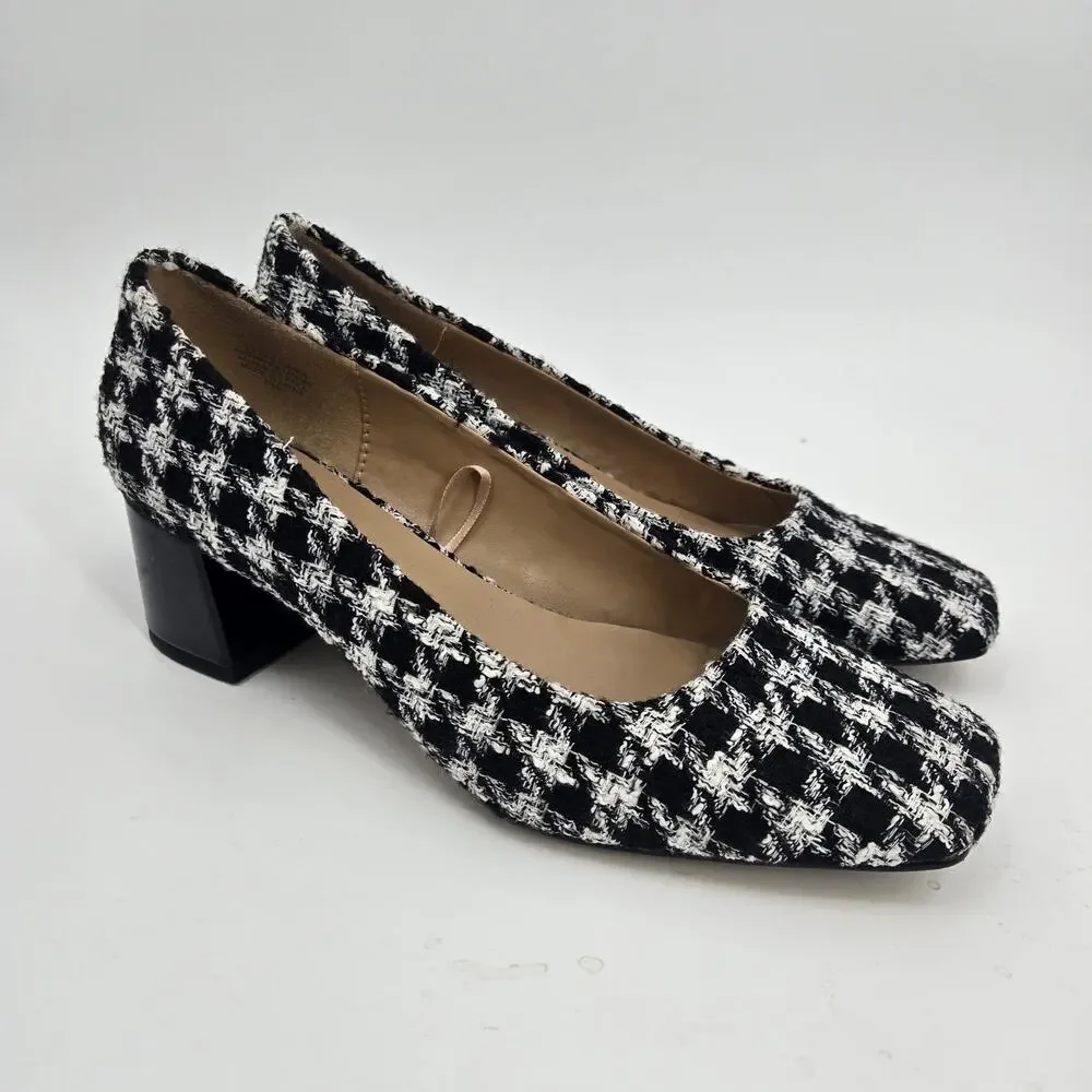 Ann Taylor 7.5M Tweed Pumps Heels Block Square Toe Black White Houndstooth